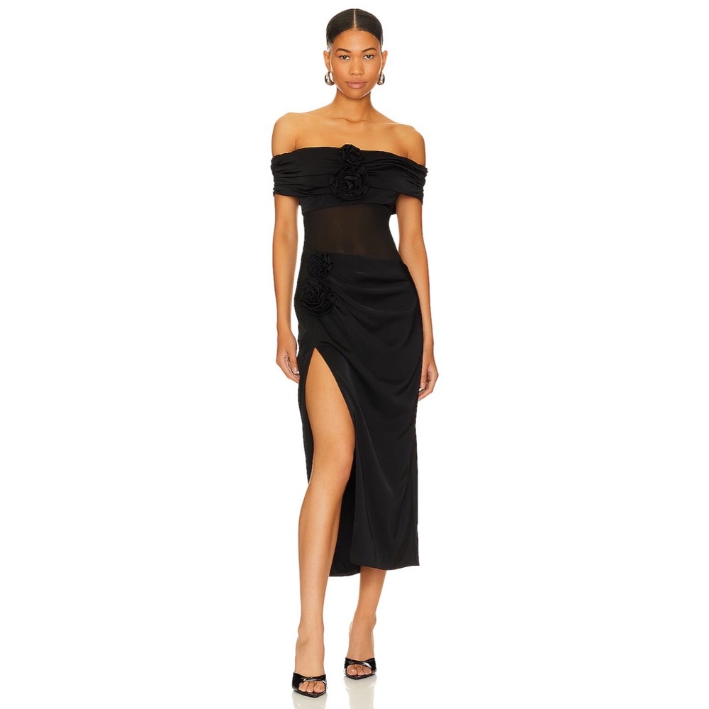 NBD Black Off-Shoulder Sheer Midi Dress with Thigh Slit